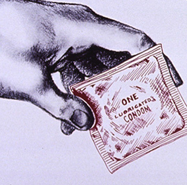 Black and white drawing of one hand holding a red condom as a hand on the right reaches for it with index finger outstretched.    