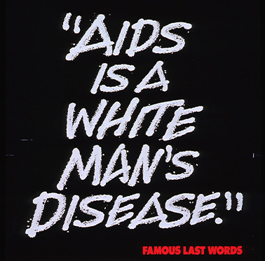 White text that mirrors the look of chalk on a blackboard on a black background “Famous Last Words” is in red.