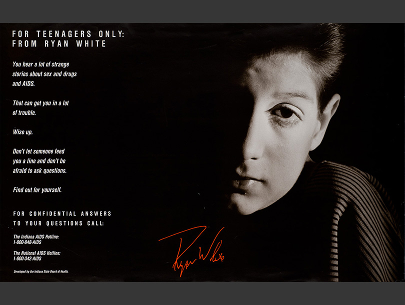 Black and white photograph of a teenage boy (Ryan White), looking at the viewer with half his face covered in shadow, White’s signature is included