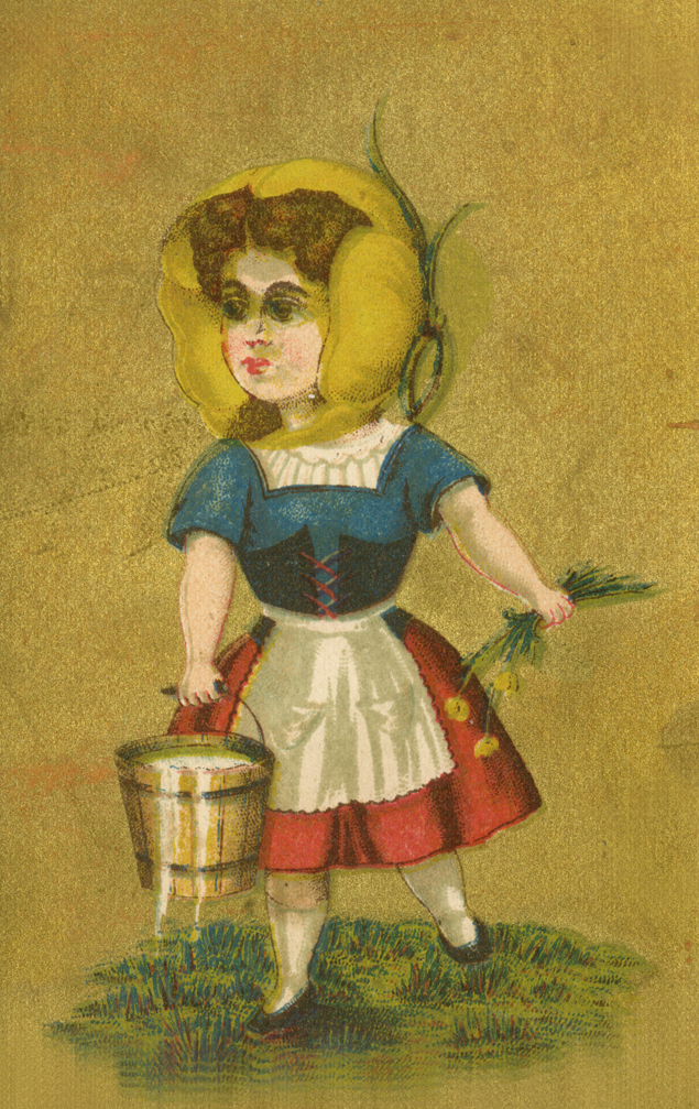 Girl wearing a dress walking and holding a bucket, yellow poppy petals surround her head.