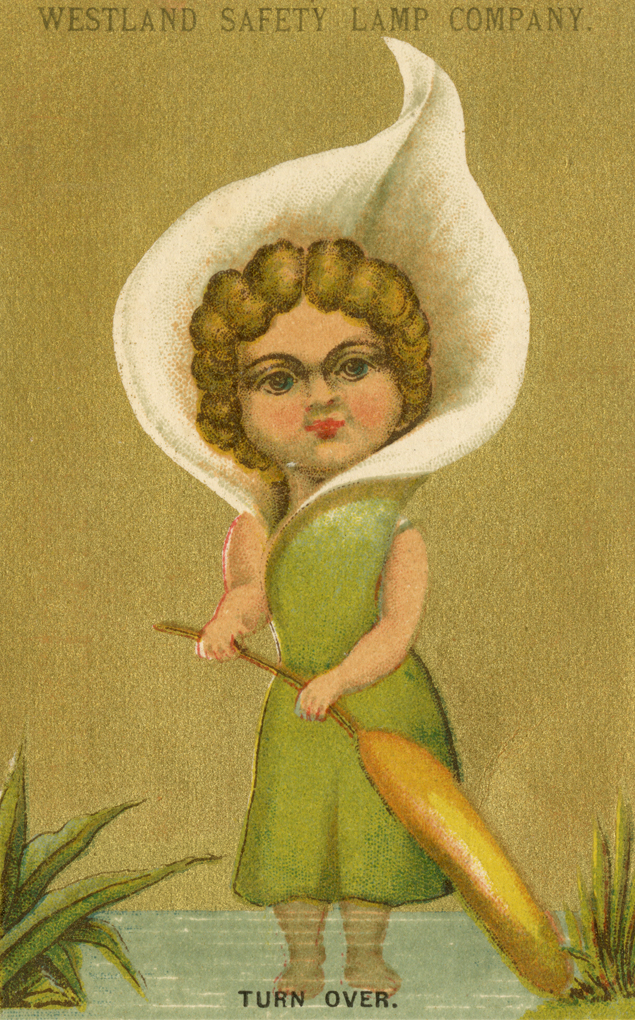 Girl in green dress stands by a pond. A white lily petals surrounds her head.