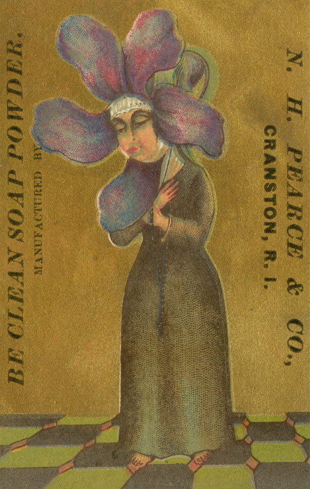 Woman wearing dark dress looks downward. Purple geranium petals surround her head.