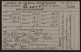 Bertillon card for Thomas Conway, arrested for larceny (measurements), May 11, 1911