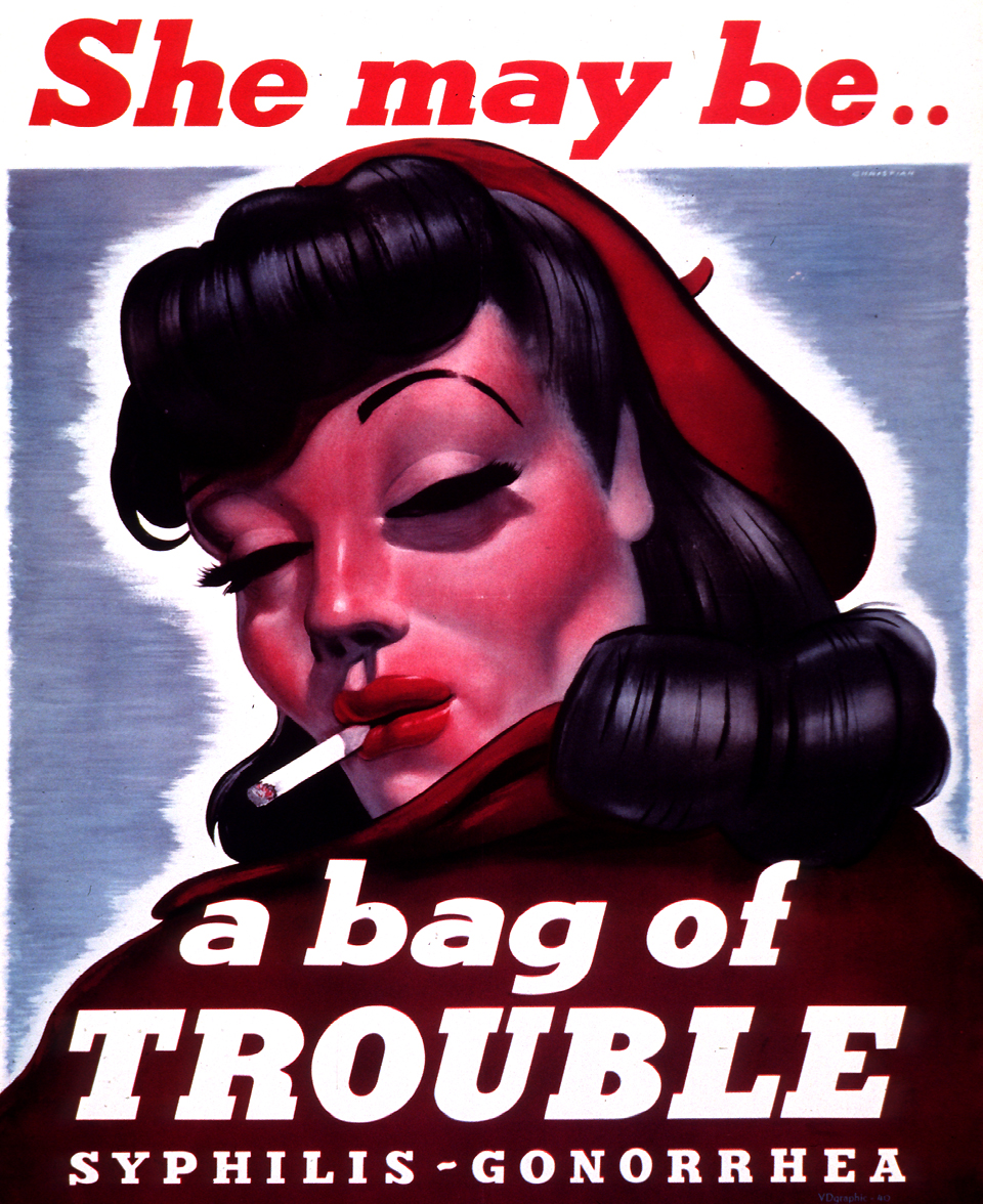 Multicolor poster with red and white lettering. Initial title phrase at top of poster. Visual image is an illustration of a woman looking over her shoulder while smoking a cigarette. Remaining title phrase and caption superimposed near bottom of illustration.