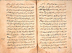 Folios 2b and 3a from Ibn al-Muṭrān's Kitāb Bustān al-aṭibbā’ wa-rawḍa al-alibbā’ (The Garden of the Physicians and the Meadows of the Wise) featuring the opening of the treatise. The biscuit, almost matte-finish paper has sagging and vertical laid lines. The text is written in a medium-small naskh script written in brown ink with headings in brown.