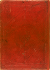 The front cover of MS A 82, which is made of red leather over pasteboards. It has a blind-stamped central medallion, scalloped and with internal vegetal design. Blind quadrant lines and diagonals, decorated with S-stamps radiate from the central design. The wide frame is formed of blind fillets on either side of blind-tooled S-stamps.