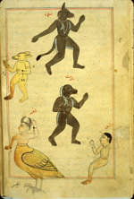 Folio 147b from Zakarīyā’ ibn Muḥammad al-Qazwīnī's Ajā’ib al-makhlūqāt wa-gharā’ib al-mawjūdāt (Marvels of Things Created and Miraculous Aspects of Things Existing) featuring two dark-skinned dog-headed demons with pearls and feathers, both sticking out their tongues; a yellow wolf-headed demon with wrist beads (noise-makers); a half-section of a female; and a harpy with horns and wrist-beads (noise-makers). The thin, brittle, lightly glossed, fibrous, yellow-brown paper has horizontal laid lines. The illustrations are set within frames of two red and one blue lines.