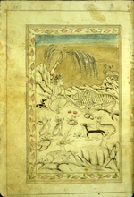A full-page miniature drawing in black ink with gilt and blue and red accents.  An ascetic sits on a mountain side while pairs of animals (tigers, antelope, birds, and foxes) sit quietly around him. From an anonymous and untitled collection of Persian love poetry. The gray-brown, semi-glossy paper has horizontal, sagging laid lines.
