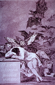 A man sitting with his head down on a desk, has visions of owls and bats flying at him from behind; a large cat lying on the floor has lifted its head as though sensing movement in the air.