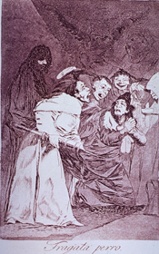 Men dressed in clerical robes (ecclesiastics of the Spanish Inquisition) attempt to force a clyster on another man who is begging for mercy.