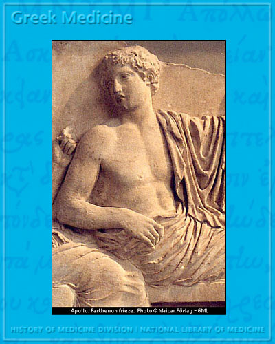 Photograph of seated Apollo wearing a toga and facing to the left on a frieze of the Parthenon, ca. 430 B.C.E. (Courtesy of Malcar Frlag).