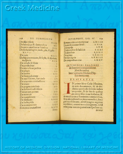 Book opened showing Latin text with manuscript initial letter 'I' in red ink, from: Artemidorus. De somniurum interpretatione ... (Basileae: Per Hieronymum Frobenium..., 1544). NLM Call number: WZ 240 A786dsL 1544.