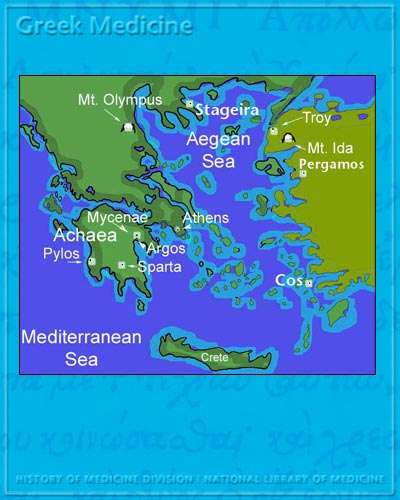 Map of the Ancient Greek world including the locations of the ancient cities of Athens, Thebes, Cos, Troy, Sparta, and Stageira.