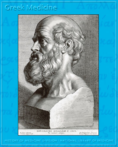 Seventeenth-century engraving of a bust of Hippocrates by Peter Paul Rubens, showing a balding man with a large beard looking to the left hand side of the screen, engraved in 1638, with caption, 'Hippocrates Hiraclidae F. Cous, ex marmore antique [i.e. from an ancient marble bust].'  NLM/IHM Image B014555.