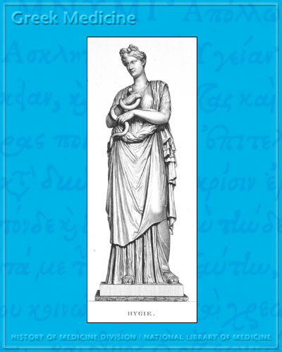 Engraving of a Greek statue of Hygieia standing in robes and holding a snake that is entwined around her left arm.  Engraving by Bouillon (Paris, ca. 1830). NLM/IHM Image B015458.