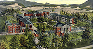 Illustrated postcard image of medical institute in the mountains.
