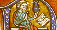 Detail of an illuminated letter featuring a man reading from a book.