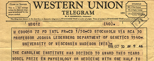 A Western Union Telegram from 1958 reporting a Nobel Prize in Medicine award.