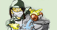A cartoon soldier pours water in a bucket.