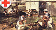 Red cross nurses treat a wounded soldier in a camp.