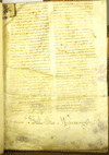 Folio 1 recto from Gerard of Bourges's Super Viatico Constantini written on parchment. The text is in two columns and is partially erased. In the upper left corner is an illuminated initial, partially cropped and rubbed. On the bottom of the page in a different hand are the words Bibliotheca Weissenaviensis.