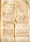 Folio 53 recto from Gerard of Bourges's Super Viatico Constantini written on parchment in two columns. The remains of an elaborate medieval mend is seen on middle page. The text is written in brown ink with red and blue capital letters. A commentary on Constantine's Viaticum with the original text shown by the underlines.
