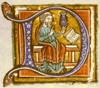 A historiated initial D from folio 42 verso from Hunayn ibn Ishaq al-'Ibadi's Isagoge Johannitii in Tegni Galeni. A physician with a flask of urine, possibly comparing it to pictures or descriptions of variously colored urine in a book.