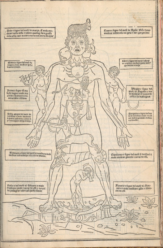 Woodcut chart showing a male figure facing front with the twelve symbols of the zodiac linked over the body parts and labeled with effects.