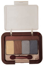 Photograph of an eye shadow case with four shadow colors and a brush