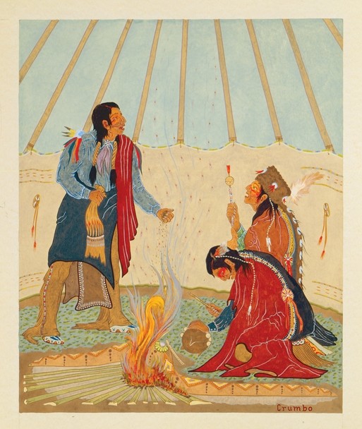 Color painting of three Native individuals, two kneeling and one standing, in front of a fire.