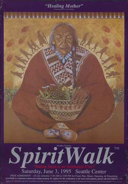 Color poster depicting a Native American elder sitting down, wearing a red blanket, and holding a bowl of small plants in his lap.