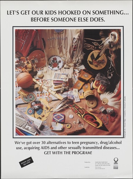 Color, anti-drug and alcohol poster depicting positive alternatives for Native children, including traditional clothing, a guitar, basketball, keyboard, and eagle feathers.