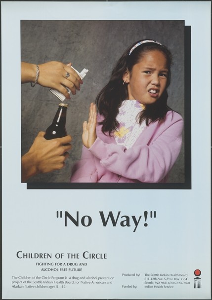 Color poster of a young girl refusing offers for cigarettes and alcohol.