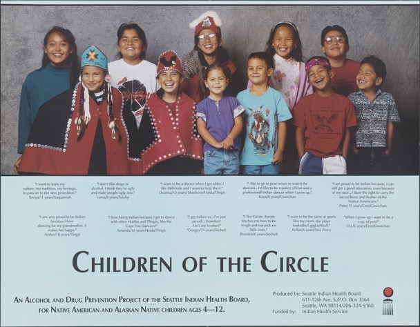 Color poster of Native children standing in two rows, some wearing traditional attire.