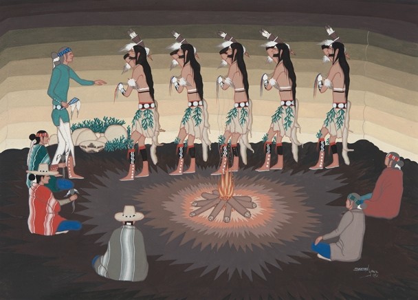 Color painting of Native individuals participating in a Navaho healing rite, which is being performed next to a fire.