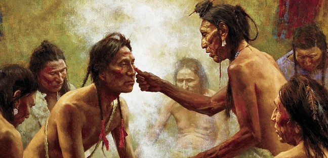 Color painting of a medicine man blessing an individual as others sit around them in a circle praying.