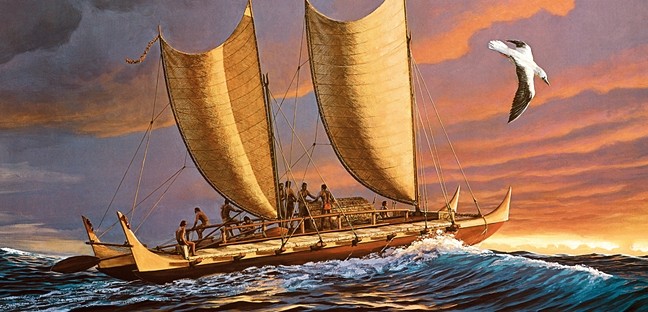  of travelers at sea aboard a double-hulled canoe with two large sails