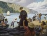 Color painting of a Catholic priest walking off of a crowded dock while holding a bible in his right hand.