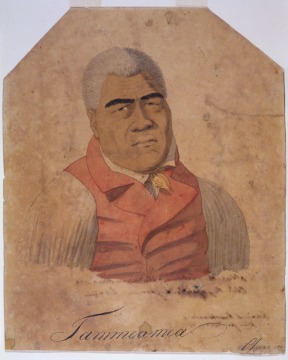 Color portrait-style painting of King Kamehameha wearing a red vest with a white undershirt.