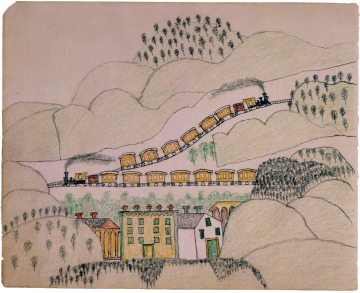 David Pendleton Oakerhater, ledger drawing of two trains