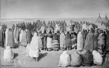 Painting by Mary I Wright of Ghost Dance Circle; Five Women Dancing; All in Native Dress 1893