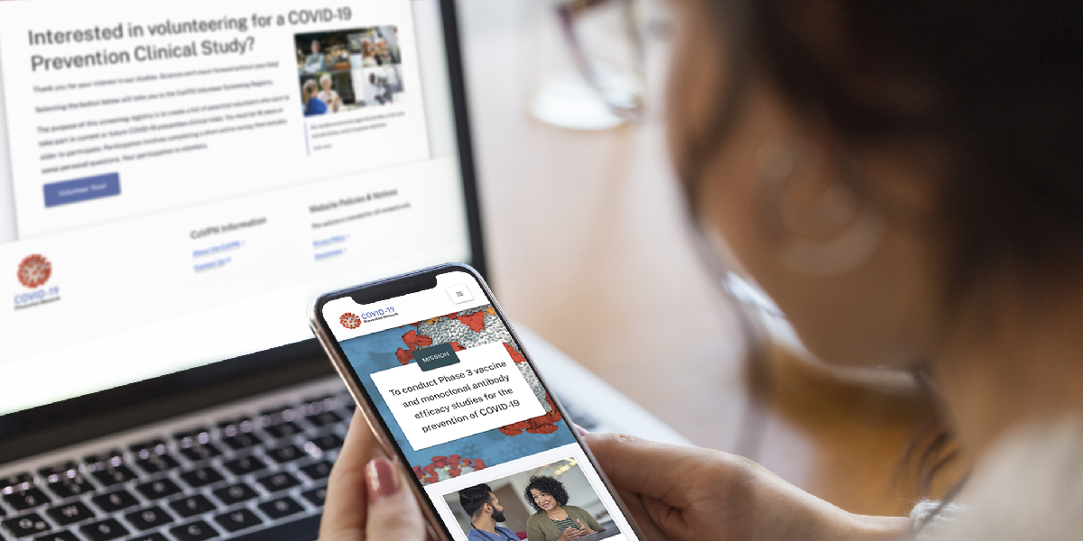 Woman views image of the NIH COVID-19 Prevention Network website on desktop and mobile