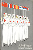 Eight White female Red Cross nurses, each holding flags from a different WWI Allied Entente country.