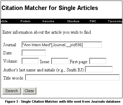 Figure 3: Single citation Matcher with title sent from Journals database
