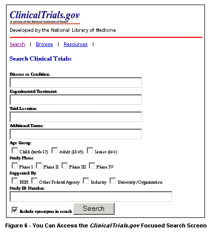 Figure 6: You Can Access the <em/>ClinicalTrials.gov</em> Focused Search Screen