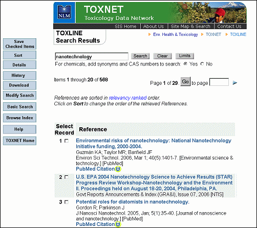 Screen capture of results display in TOXLINE.