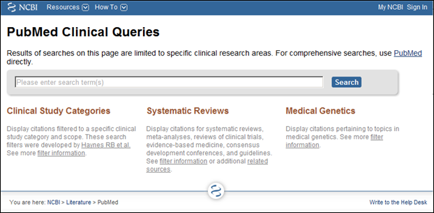 Screen capture of PubMed Clinical Queries homepage.