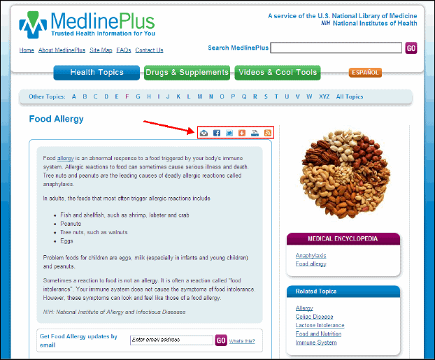 Screen capture of MedlinePlus health topic page showing RSS feed icon and AddThis enhancements