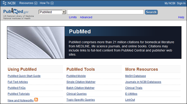 Screen capture of PubMed homepage.
