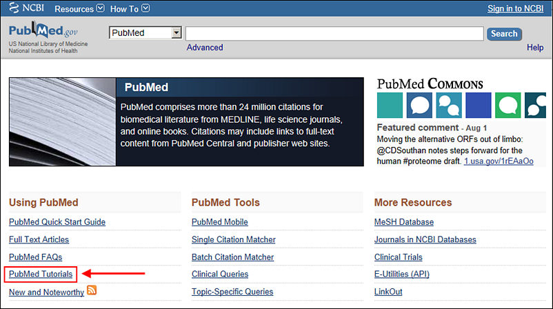 Screen capture of the PubMed homepage with the link to the PubMed Tutorials highlighted